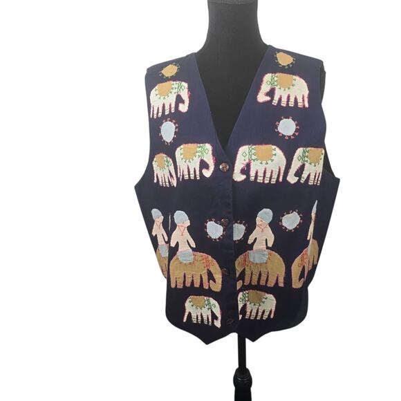 Pier One Passports Ethnic Vest W Appliqued Elephants Vintage Button Up Boho L - Picture 1 of 9